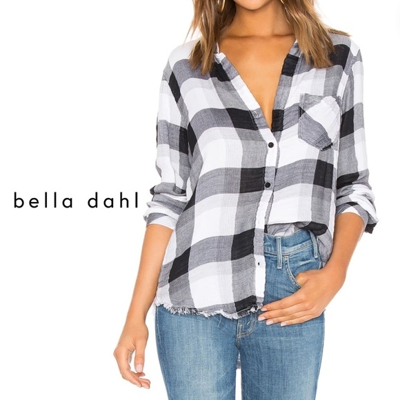 Bella Dahl Frayed Hem Pocket Button Down White Black Flannel - Size M - Picture 1 of 8